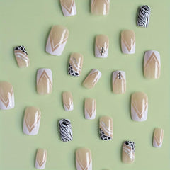 French Square Press On Nails w/ Line Designs & Glitter Rhinestones - Halloween