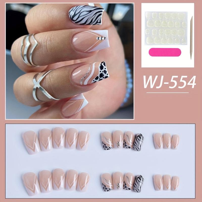 French Square Press On Nails w/ Line Designs & Glitter Rhinestones - Halloween