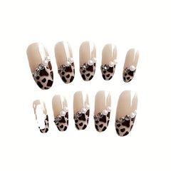 Leopard Rhinestone Almond Press On Nails 24pcs
