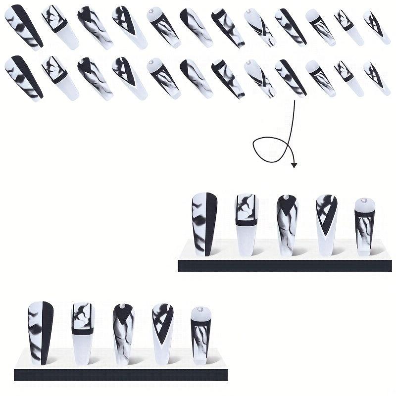 24pcs Marble Print Rhinestone Press On Nails Full Cover False Nails
