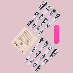 24pcs Marble Print Rhinestone Press On Nails Full Cover False Nails