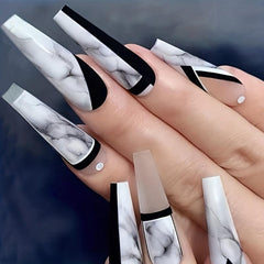 24pcs Marble Print Rhinestone Press On Nails Full Cover False Nails