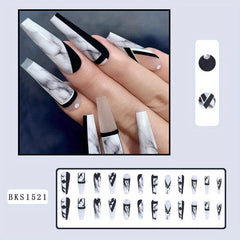 24pcs Marble Print Rhinestone Press On Nails Full Cover False Nails