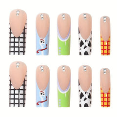 24pcs Cow Print Plaid French Press On Nails with Rhinestone Glossy False Nails