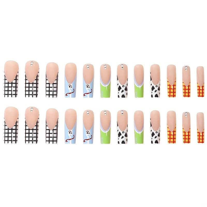 24pcs Cow Print Plaid French Press On Nails with Rhinestone Glossy False Nails