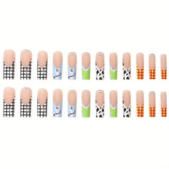 24pcs Cow Print Plaid French Press On Nails with Rhinestone Glossy False Nails