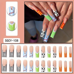 24pcs Cow Print Plaid French Press On Nails with Rhinestone Glossy False Nails