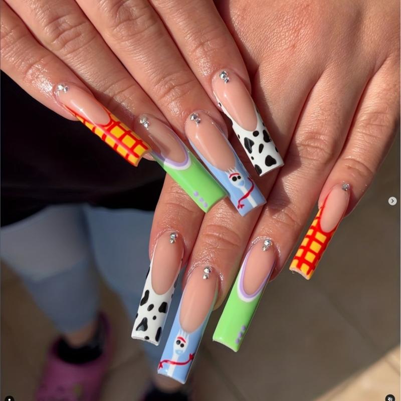 24pcs Cow Print Plaid French Press On Nails with Rhinestone Glossy False Nails