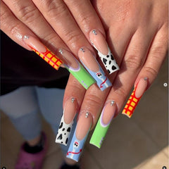 24pcs Cow Print Plaid French Press On Nails with Rhinestone Glossy False Nails