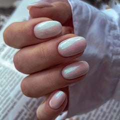 Short Oval Press On Nails French Snowflake Bow Tie Flower False Nails Set Pink