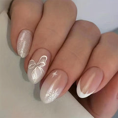 Short Oval Press On Nails French Snowflake Bow Tie Flower False Nails Set Pink