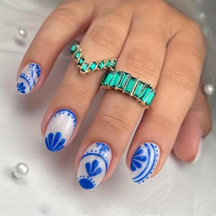 Short Oval Press On Nails French Snowflake Bow Tie Flower False Nails Set Pink