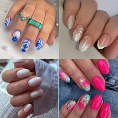 Short Oval Press On Nails French Snowflake Bow Tie Flower False Nails Set Pink
