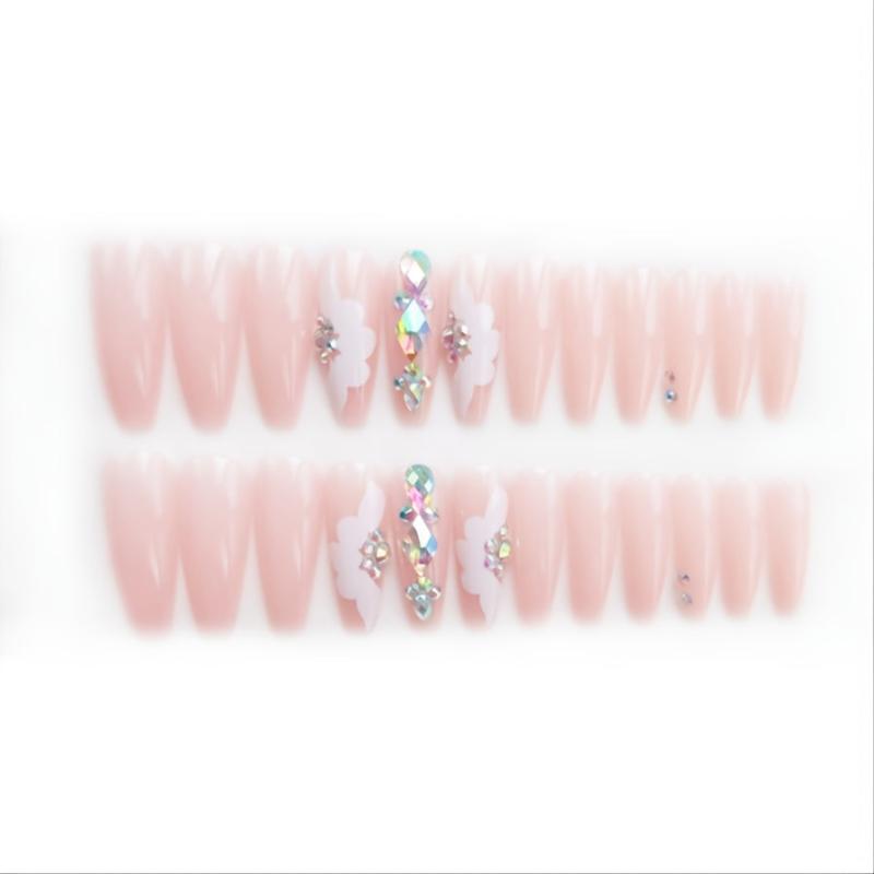 24 pcs Rhinestone Press On Nails Long Pink Full Cover Artificial Nails