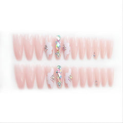 24 pcs Rhinestone Press On Nails Long Pink Full Cover Artificial Nails