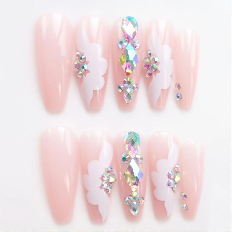 24 pcs Rhinestone Press On Nails Long Pink Full Cover Artificial Nails