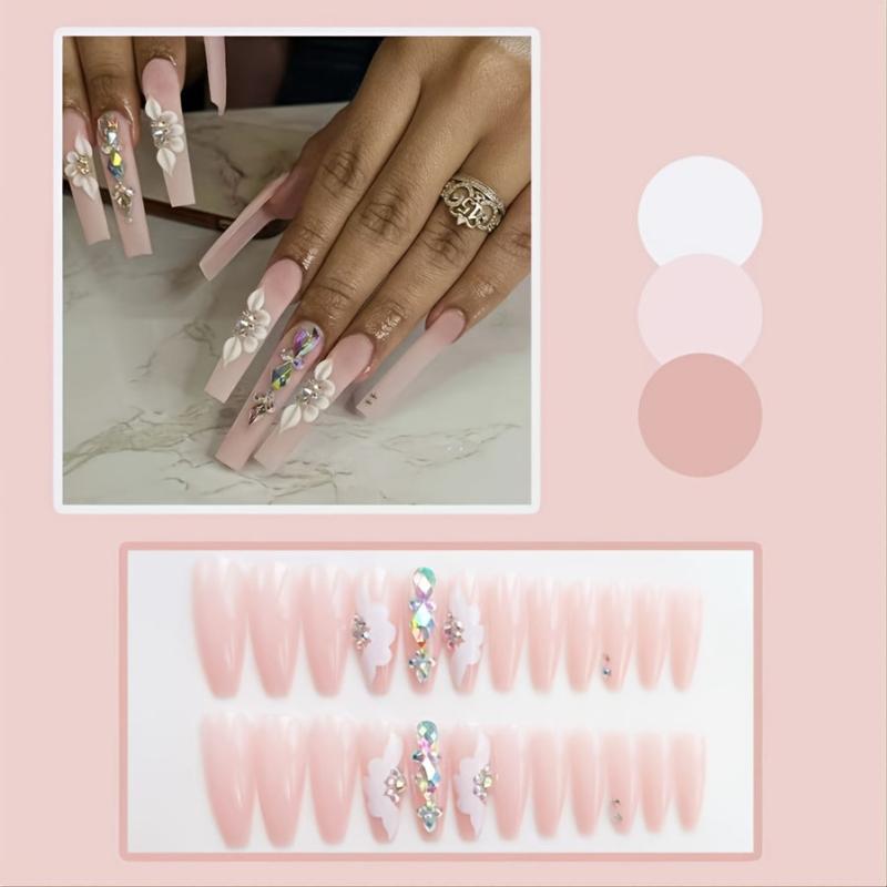 24 pcs Rhinestone Press On Nails Long Pink Full Cover Artificial Nails