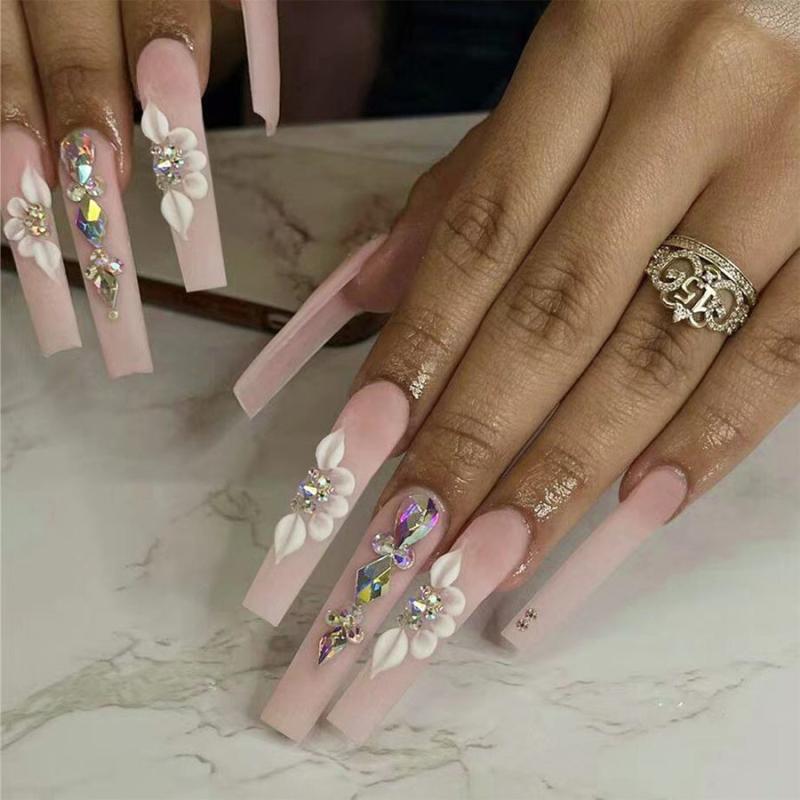 24 pcs Rhinestone Press On Nails Long Pink Full Cover Artificial Nails