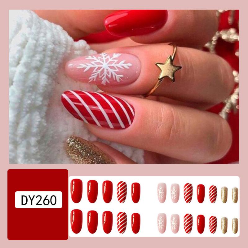 24 pcs Red Snowflake Press On Nails Glossy Glue On Christmas False Nails