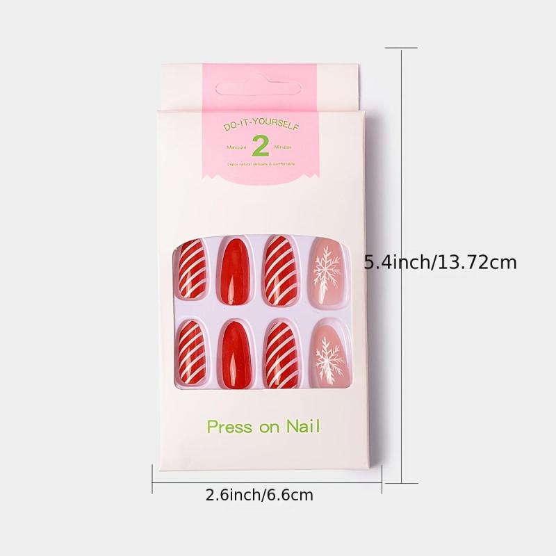 24 pcs Red Snowflake Press On Nails Glossy Glue On Christmas False Nails