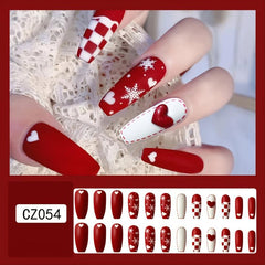 24 pcs Red Snowflake Press On Nails Glossy Glue On Christmas False Nails