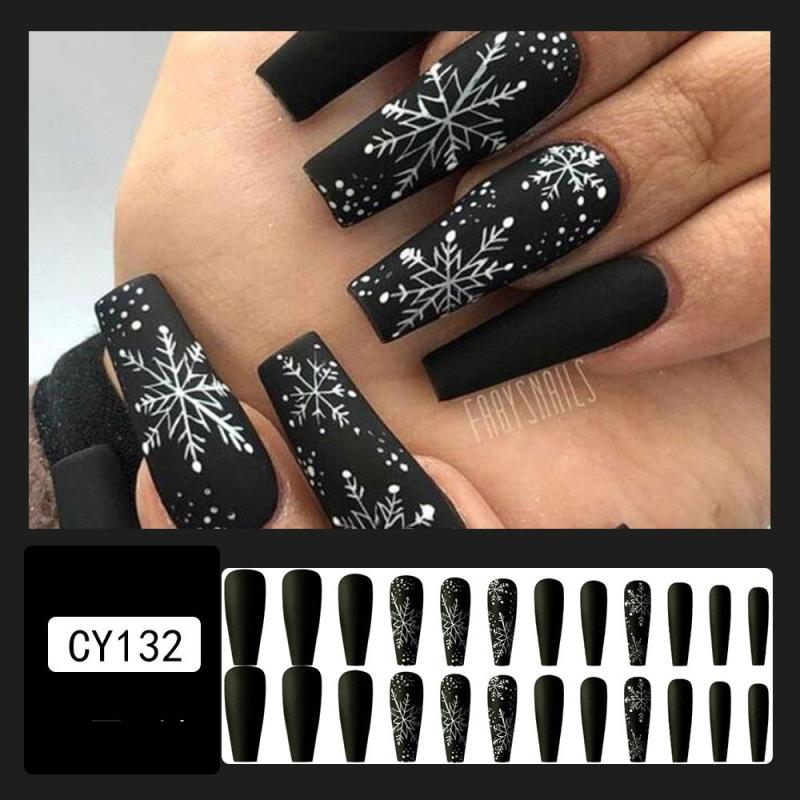 24 pcs Red Snowflake Press On Nails Glossy Glue On Christmas False Nails