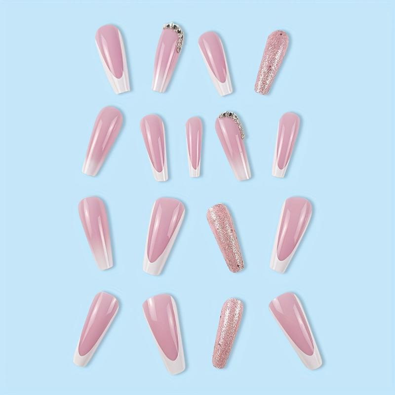 24pcs Nude Pink Glitter Press On Nails with Rhinestone