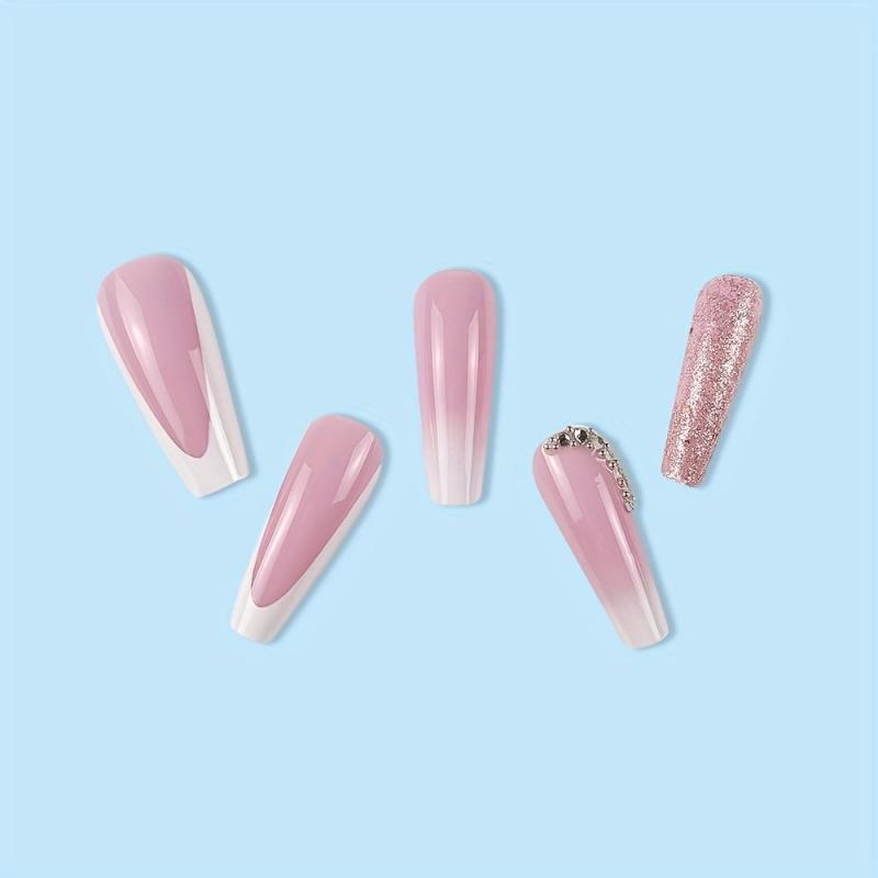 24pcs Nude Pink Glitter Press On Nails with Rhinestone