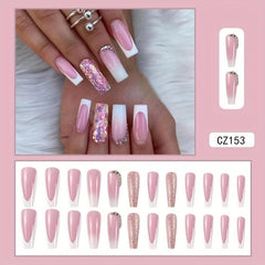 24pcs Nude Pink Glitter Press On Nails with Rhinestone