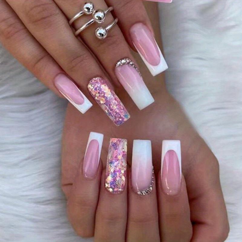 24pcs Nude Pink Glitter Press On Nails with Rhinestone