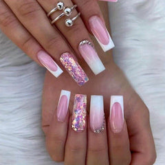 24pcs Nude Pink Glitter Press On Nails with Rhinestone