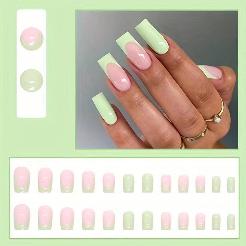 24pcs French Tip Press On Nails with Nail Glue Green False Nails Stylish