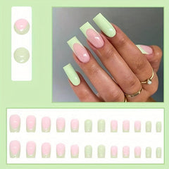 24pcs French Tip Press On Nails with Nail Glue Green False Nails Stylish
