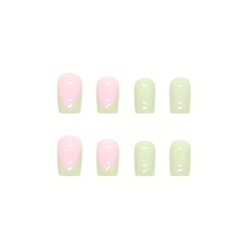 24pcs French Tip Press On Nails with Nail Glue Green False Nails Stylish