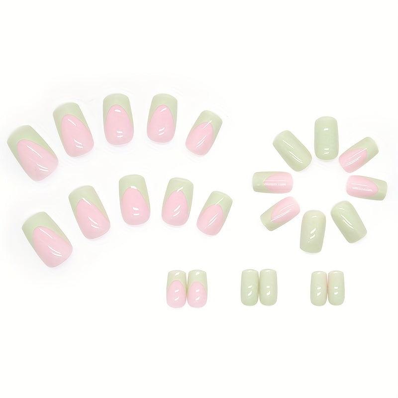24pcs French Tip Press On Nails with Nail Glue Green False Nails Stylish