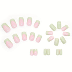 24pcs French Tip Press On Nails with Nail Glue Green False Nails Stylish