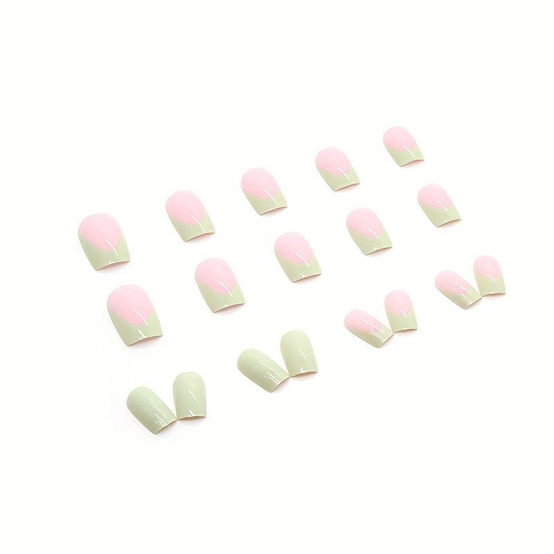 24pcs French Tip Press On Nails with Nail Glue Green False Nails Stylish
