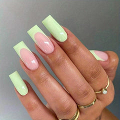 24pcs French Tip Press On Nails with Nail Glue Green False Nails Stylish
