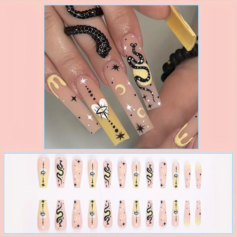 24pcs Matte Snake Star Moon Press On Nails Extra Long Full Cover False Nails