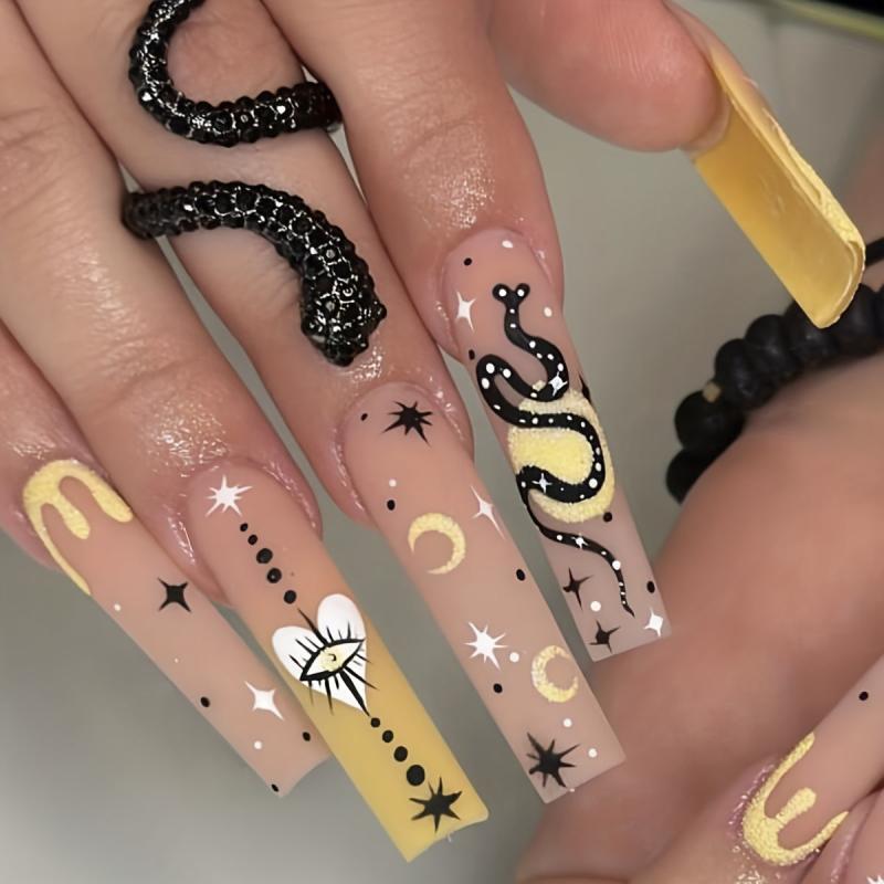 24pcs Matte Snake Star Moon Press On Nails Extra Long Full Cover False Nails