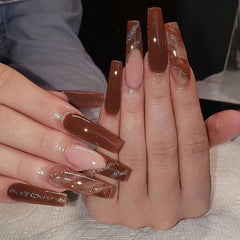 24pcs Brown Glossy Fall Coffin Nails Long Lasting