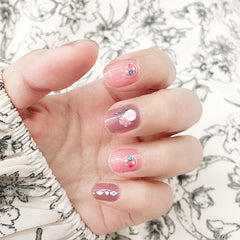 Pink Coffin Press On Nails with Flower Design