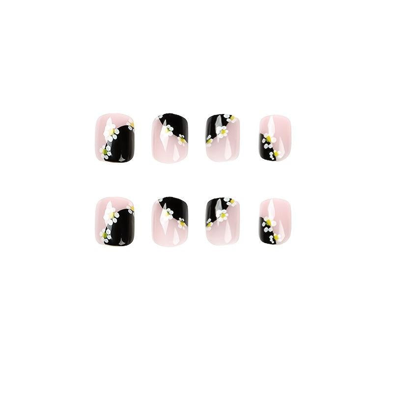 24 pcs Floral Short Square Press On Nails French Design Acrylic False Nails