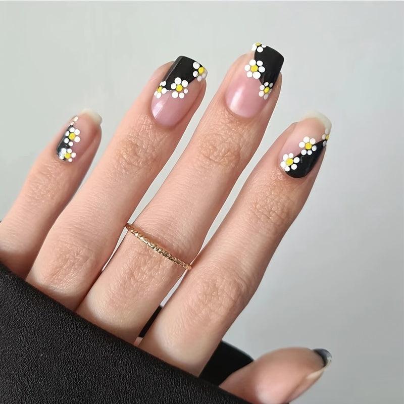 24 pcs Floral Short Square Press On Nails French Design Acrylic False Nails