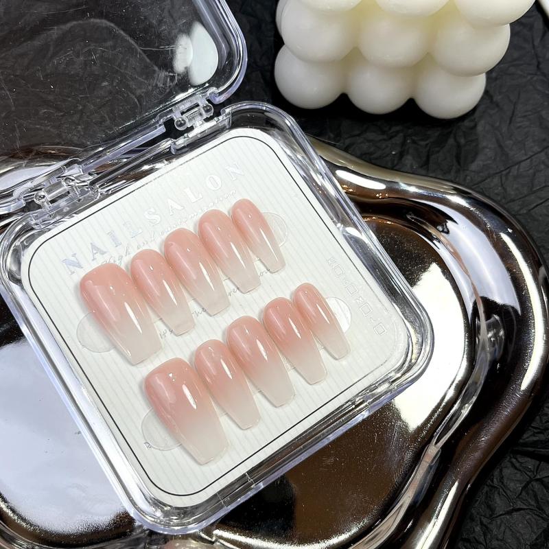 10pcs Nude Gradient Press On Nails for Women Glossy Long Coffin False Nails