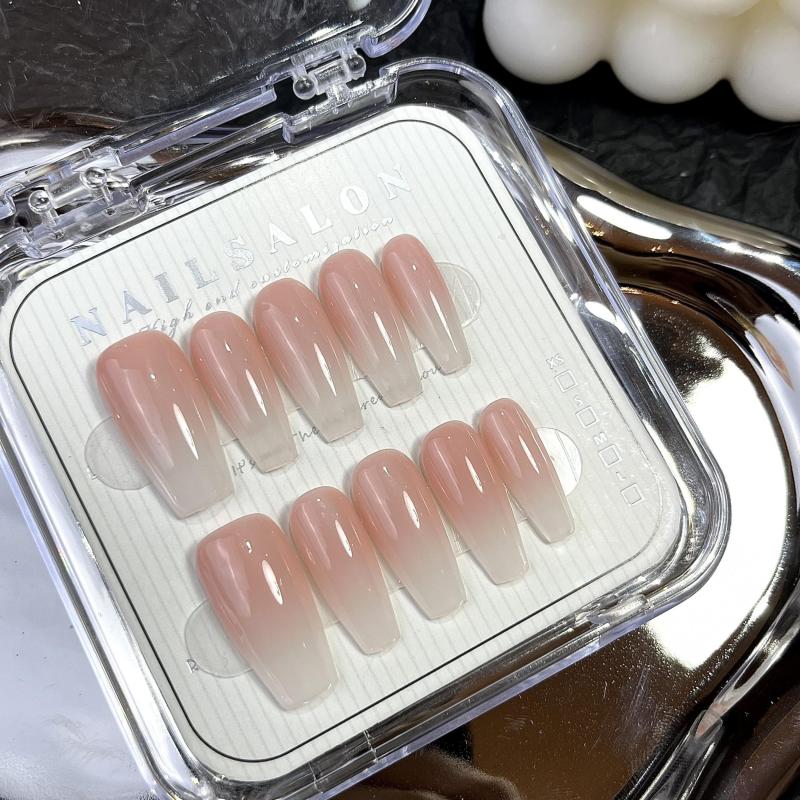 10pcs Nude Gradient Press On Nails for Women Glossy Long Coffin False Nails