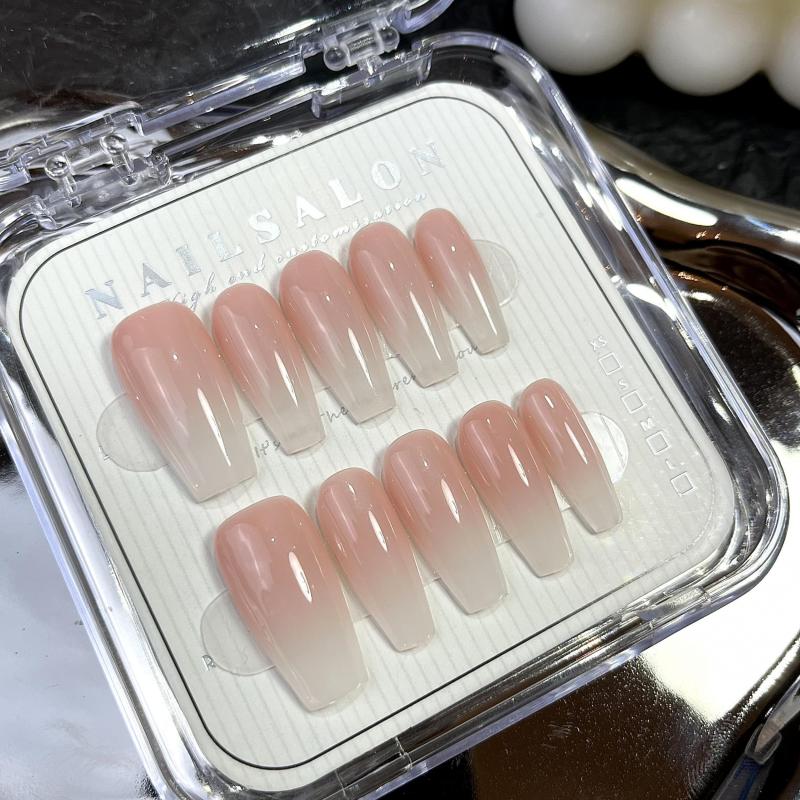 10pcs Nude Gradient Press On Nails for Women Glossy Long Coffin False Nails
