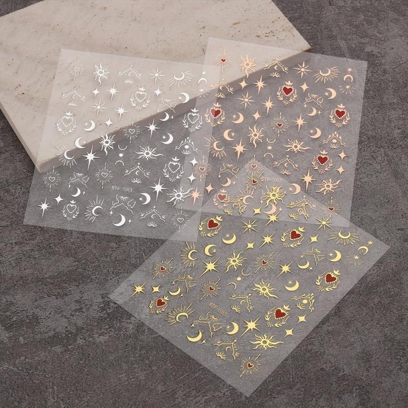 Golden Sun Moon Star Nail Art Stickers Self Adhesive 3D Decals DIY Decoration