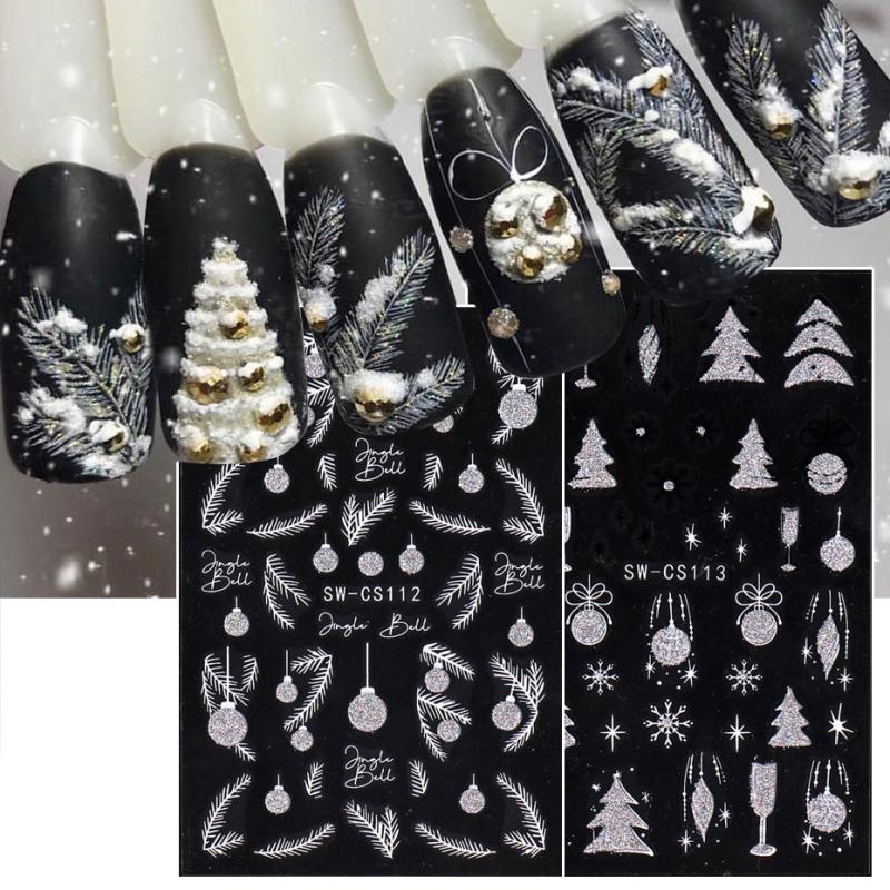 2pcs Glitter Christmas Nail Stickers Snowflake Bell Decals