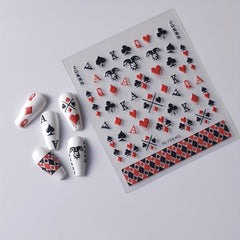 5D Red Poker Nail Art Stickers Self Adhesive Embossed Decals